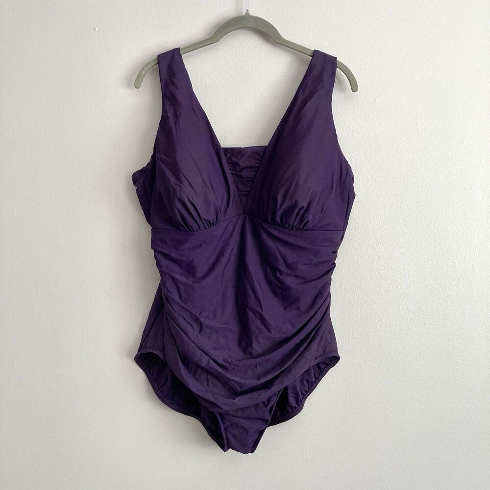 Lands End Womens Plus Purple Ruched Sides One Piece Swimsuit Size 18W Slimming